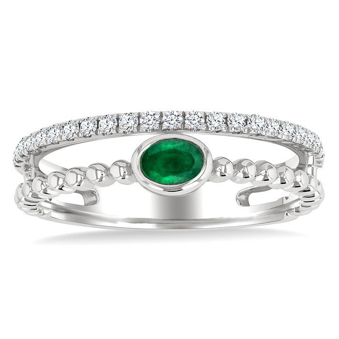 4X3 MM Oval Shape Emerald and 1/5 Ctw Bead Bijoux Round Cut Diamond East-West Precious Ring in 10K White Gold