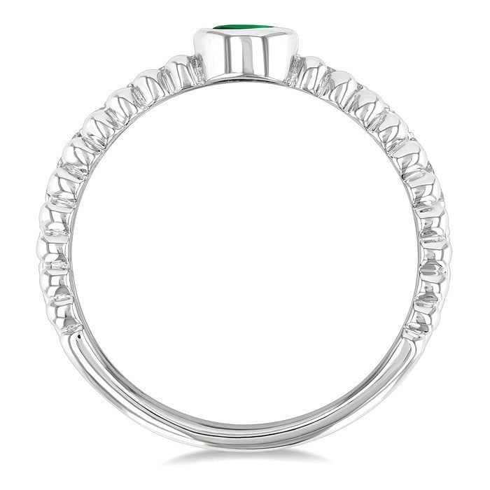 4X3 MM Oval Shape Emerald and 1/5 Ctw Bead Bijoux Round Cut Diamond East-West Precious Ring in 10K White Gold