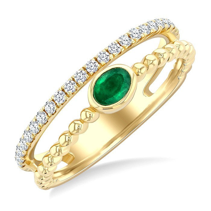 4x3 MM Oval Shape Emerald and 1/5 Ctw Round Cut Diamond Precious Fashion Split Twin Ring in 10K Yellow Gold