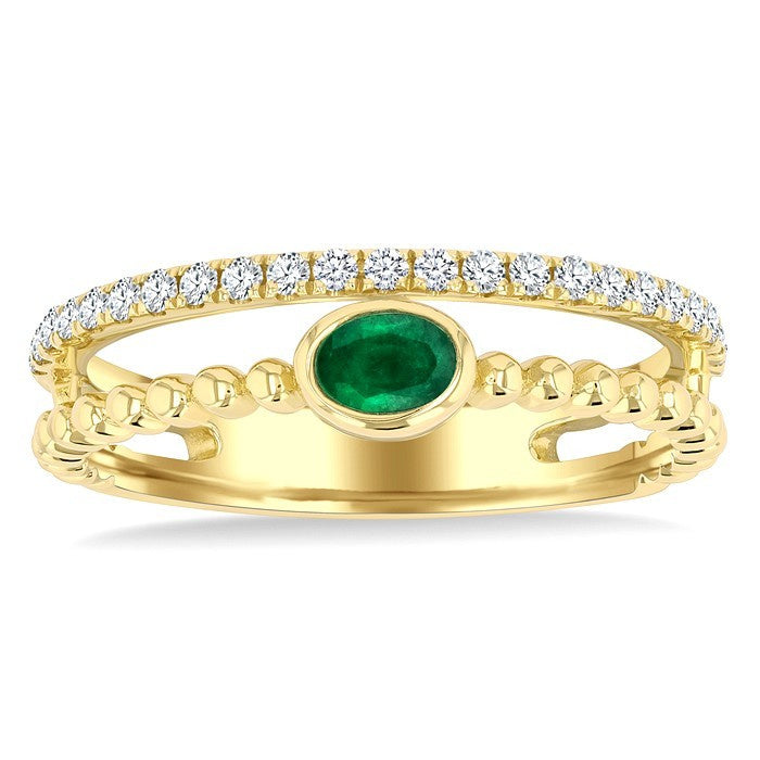 4x3 MM Oval Shape Emerald and 1/5 Ctw Round Cut Diamond Precious Fashion Split Twin Ring in 10K Yellow Gold