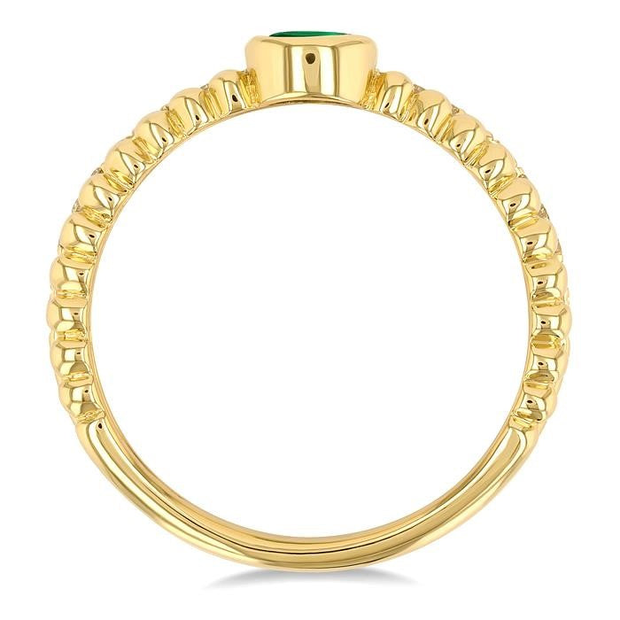 4x3 MM Oval Shape Emerald and 1/5 Ctw Round Cut Diamond Precious Fashion Split Twin Ring in 10K Yellow Gold