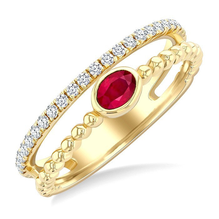 4x3 MM Oval Shape Ruby and 1/5 Ctw Round Cut Diamond Precious Fashion Split Twin Ring in 10K Yellow Gold