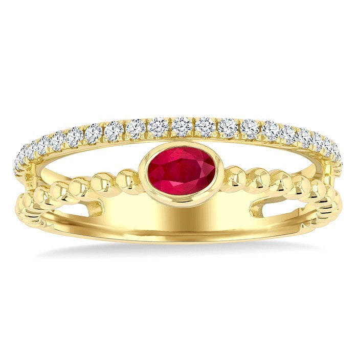 4x3 MM Oval Shape Ruby and 1/5 Ctw Round Cut Diamond Precious Fashion Split Twin Ring in 10K Yellow Gold