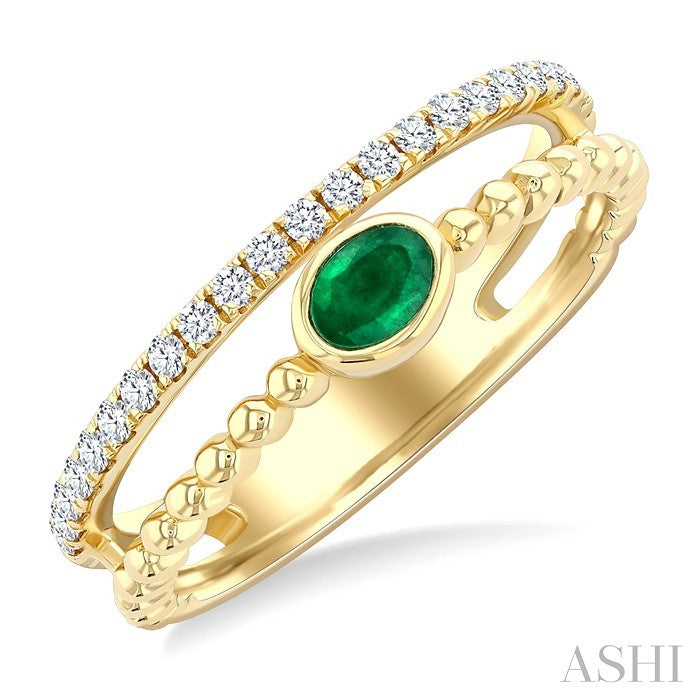 4x3 MM Oval Shape Emerald and 1/5 Ctw Round Cut Diamond Precious Fashion Split Twin Ring in 10K Yellow Gold