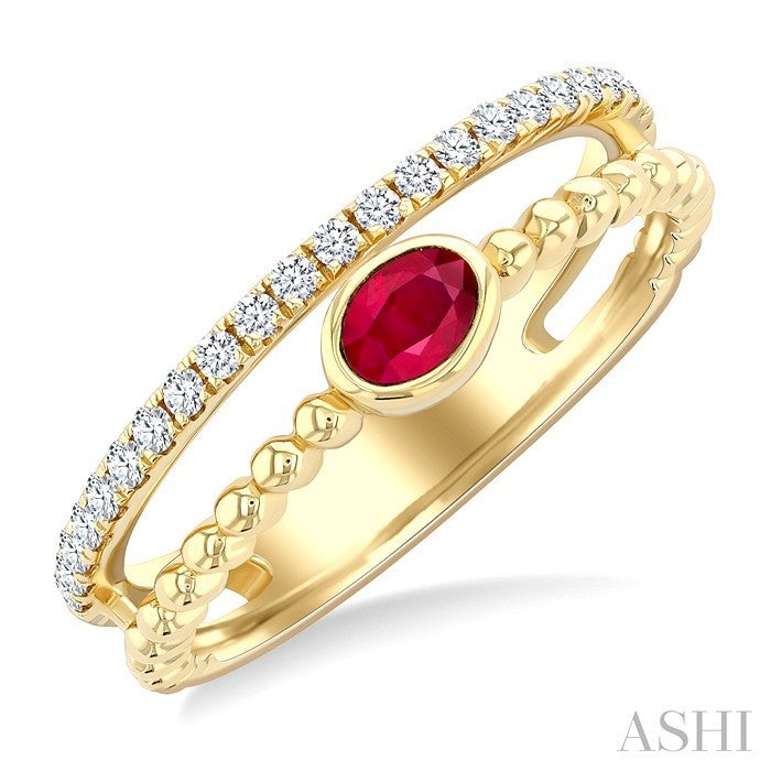 4x3 MM Oval Shape Ruby and 1/5 Ctw Round Cut Diamond Precious Fashion Split Twin Ring in 10K Yellow Gold