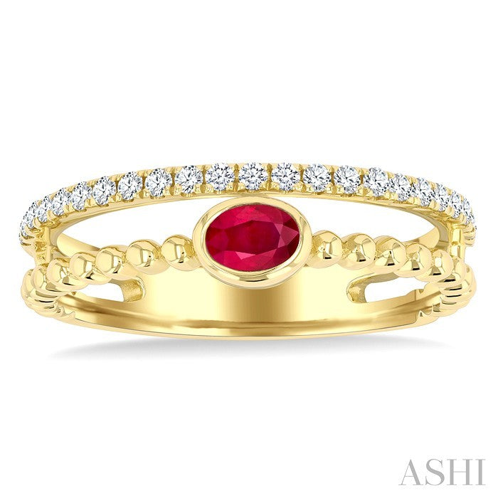 4x3 MM Oval Shape Ruby and 1/5 Ctw Round Cut Diamond Precious Fashion Split Twin Ring in 10K Yellow Gold