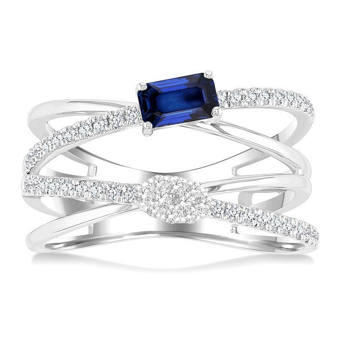 5x3 MM Emerald Shape Sapphire and 1/4 Ctw Round Cut Diamond Double Criss Cross Shine Bright Precious Ring in 10K White Gold