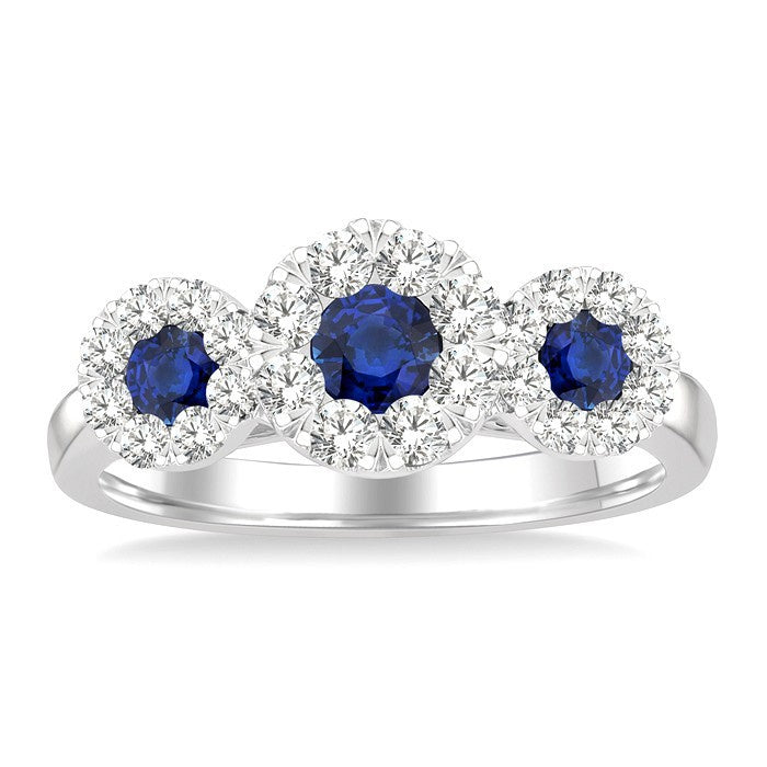 3.8 MM & 3 MM Sapphire and 5/8 Ctw Round Cut Diamond Precious Shine Bright Past, Present and Future Ring in 14K White Gold