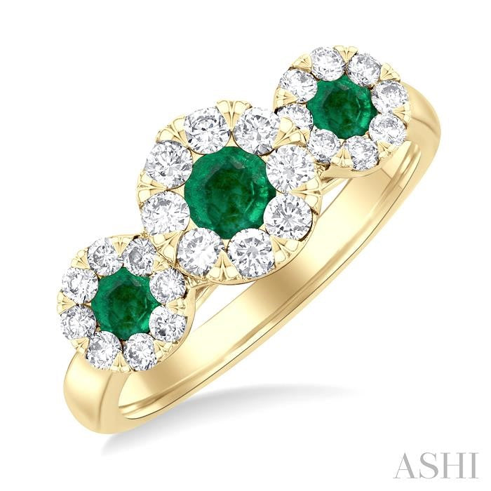 3.8 MM & 3 MM Emerald and 5/8 Ctw Round Cut Diamond Precious Shine Bright Past, Present and Future Ring in 14K Yellow Gold