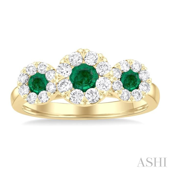 3.8 MM & 3 MM Emerald and 5/8 Ctw Round Cut Diamond Precious Shine Bright Past, Present and Future Ring in 14K Yellow Gold