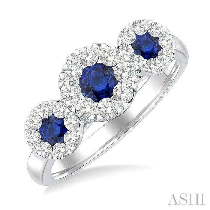 3.8 MM & 3 MM Sapphire and 5/8 Ctw Round Cut Diamond Precious Shine Bright Past, Present and Future Ring in 14K White Gold