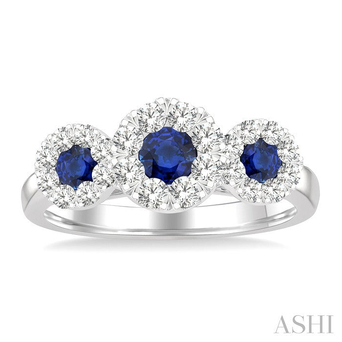 3.8 MM & 3 MM Sapphire and 5/8 Ctw Round Cut Diamond Precious Shine Bright Past, Present and Future Ring in 14K White Gold