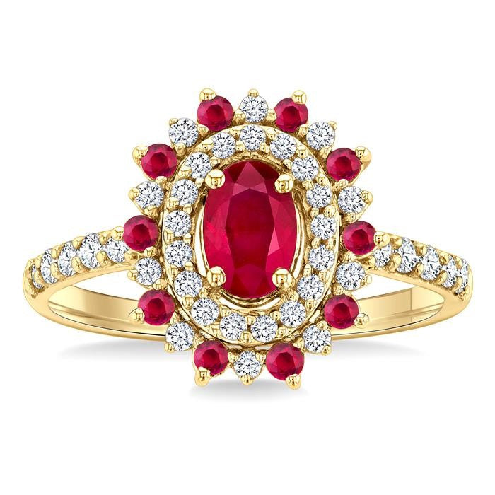 6X4 MM Oval Shape & 1.5 MM Round Cut Ruby and 3/8 Ctw Round Cut Diamond Floral Precious Ring in 14K Yellow Gold