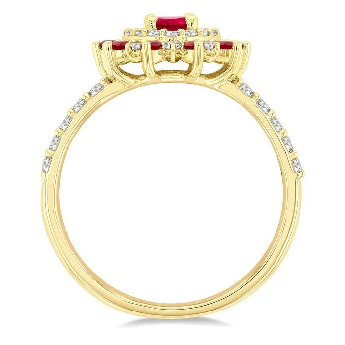 6X4 MM Oval Shape & 1.5 MM Round Cut Ruby and 3/8 Ctw Round Cut Diamond Floral Precious Ring in 14K Yellow Gold