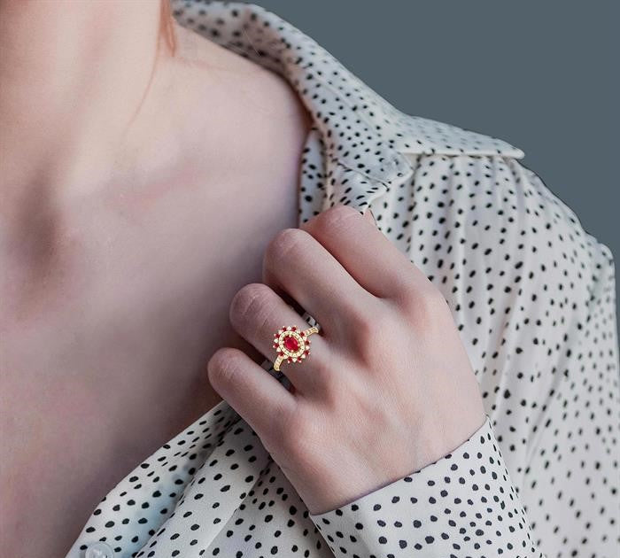 6X4 MM Oval Shape & 1.5 MM Round Cut Ruby and 3/8 Ctw Round Cut Diamond Floral Precious Ring in 14K Yellow Gold