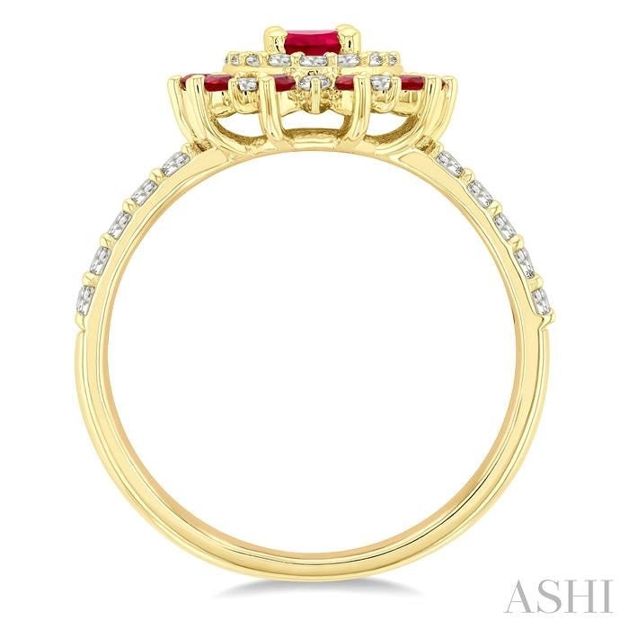 6X4 MM Oval Shape & 1.5 MM Round Cut Ruby and 3/8 Ctw Round Cut Diamond Floral Precious Ring in 14K Yellow Gold