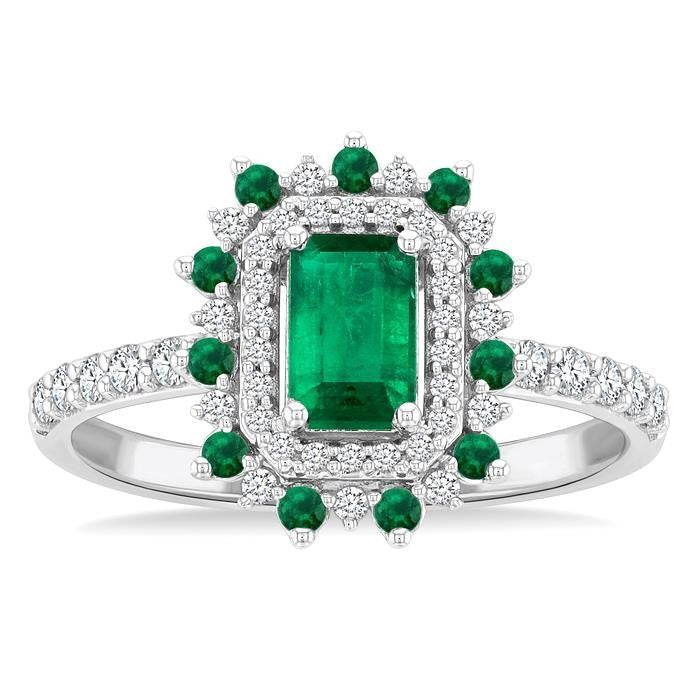 6X4 MM Emerald Shape & 1.5 MM Round Cut Emerald and 1/3 Ctw Round Cut Diamond Floral Precious Ring in 14K White Gold