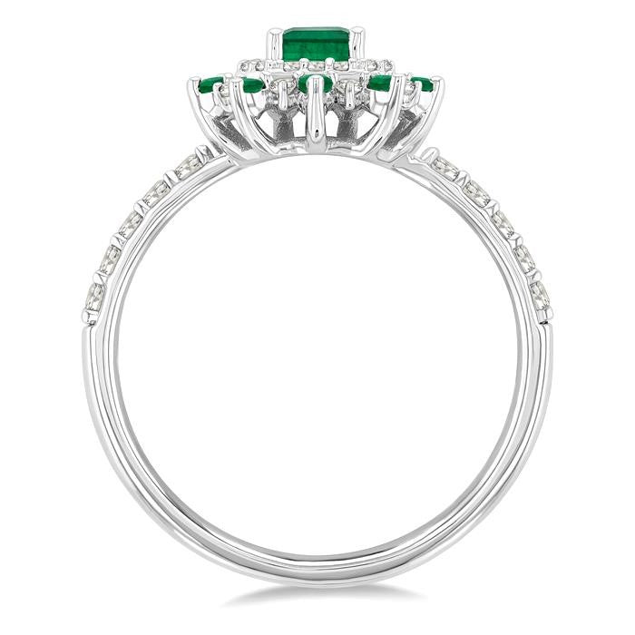 6X4 MM Emerald Shape & 1.5 MM Round Cut Emerald and 1/3 Ctw Round Cut Diamond Floral Precious Ring in 14K White Gold