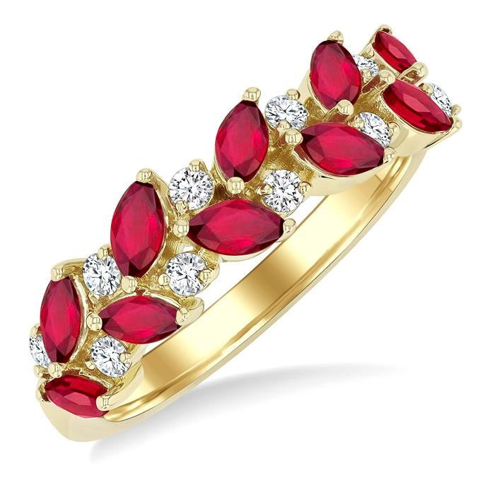 4X2 MM Leafy Marquise Cut Ruby and 1/5 Ctw Round Cut Diamond Precious Band in 14K Yellow Gold