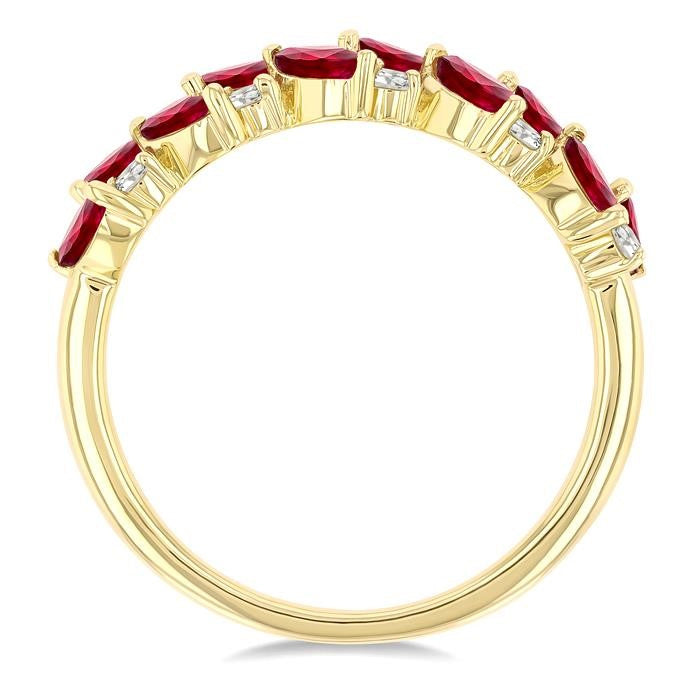 4X2 MM Leafy Marquise Cut Ruby and 1/5 Ctw Round Cut Diamond Precious Band in 14K Yellow Gold