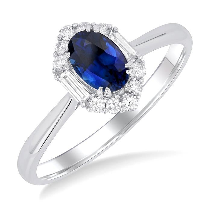 6x4 MM Oval Cut Sapphire and 1/5 Ctw Baguette & Round Cut Diamond Hexagon Shape Halo Precious Ring in 10K White Gold