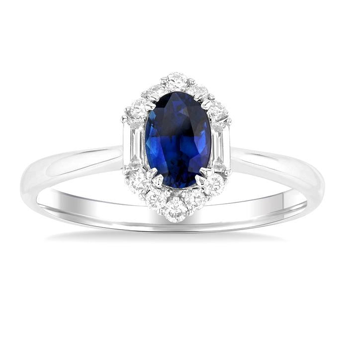6x4 MM Oval Cut Sapphire and 1/5 Ctw Baguette & Round Cut Diamond Hexagon Shape Halo Precious Ring in 10K White Gold