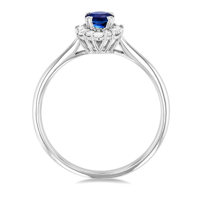 6x4 MM Oval Cut Sapphire and 1/5 Ctw Baguette & Round Cut Diamond Hexagon Shape Halo Precious Ring in 10K White Gold