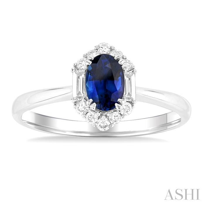 6x4 MM Oval Cut Sapphire and 1/5 Ctw Baguette & Round Cut Diamond Hexagon Shape Halo Precious Ring in 10K White Gold