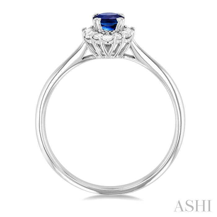 6x4 MM Oval Cut Sapphire and 1/5 Ctw Baguette & Round Cut Diamond Hexagon Shape Halo Precious Ring in 10K White Gold