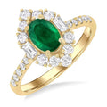 7x5 MM Oval Cut Emerald & 5/8 Ctw Baguette and Round Cut Diamond Halo Precious Ring in 14K Yellow Gold