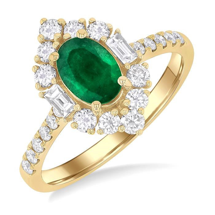 7x5 MM Oval Cut Emerald & 5/8 Ctw Baguette and Round Cut Diamond Halo Precious Ring in 14K Yellow Gold