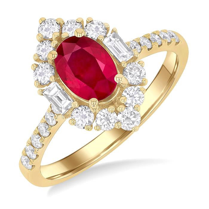 7x5 MM Oval Cut Ruby & 5/8 Ctw Baguette and Round Cut Diamond Halo Precious Ring in 14K Yellow Gold