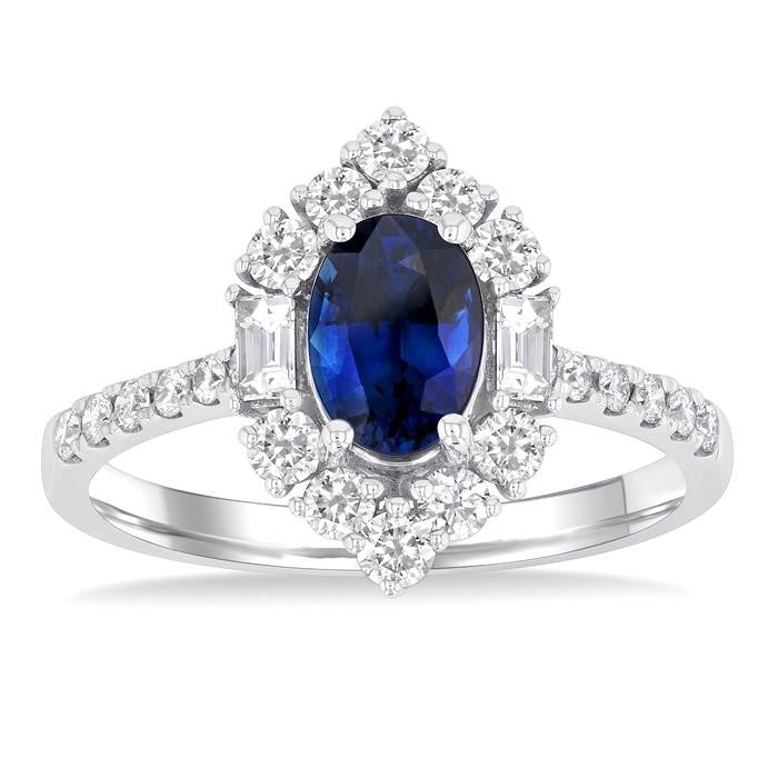 7x5 MM Oval Cut Sapphire & 5/8 Ctw Baguette and Round Cut Diamond Halo Precious Ring in 14K White Gold