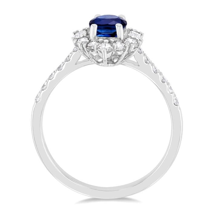 7x5 MM Oval Cut Sapphire & 5/8 Ctw Baguette and Round Cut Diamond Halo Precious Ring in 14K White Gold