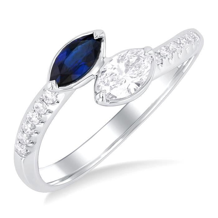 6X3 MM Marquise Cut Sapphire and 1/3 Ctw Marquise & Round Cut Diamond Toi Et Moi Precious Fashion Ring in 14K White Gold