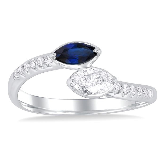 6X3 MM Marquise Cut Sapphire and 1/3 Ctw Marquise & Round Cut Diamond Toi Et Moi Precious Fashion Ring in 14K White Gold