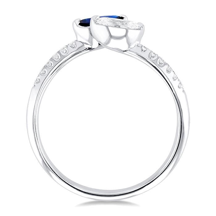 6X3 MM Marquise Cut Sapphire and 1/3 Ctw Marquise & Round Cut Diamond Toi Et Moi Precious Fashion Ring in 14K White Gold