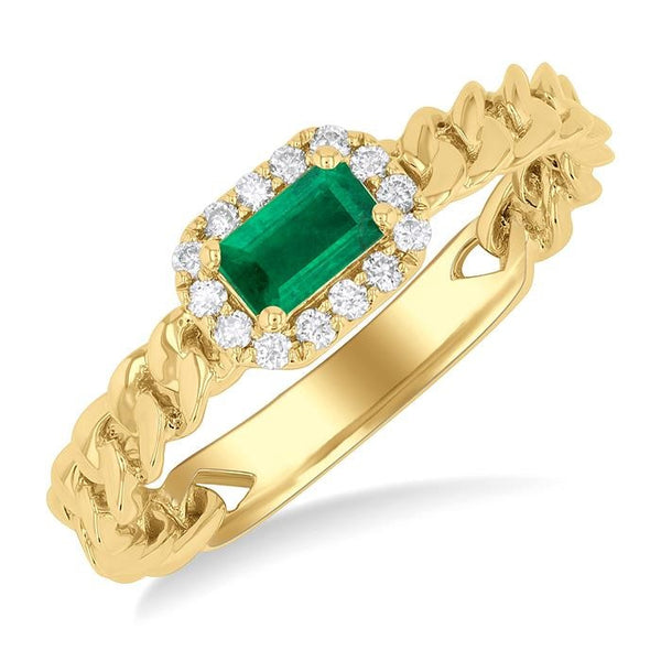 5x3 MM Oval Cut Emerald and 1/10 Ctw Curb & Cuban Link East-West Round Cut Diamond Halo Precious Ring in 10K Yellow Gold