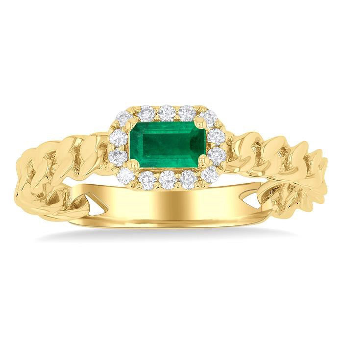 Emerald Shape Curb & Cuban East-West Gemstone & Halo Diamond Ring