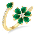 4X3 MM Pear Cut Floral Blossom Emerald and 1/10 Ctw Round Cut Diamond Open Precious Ring in 14K Yellow Gold