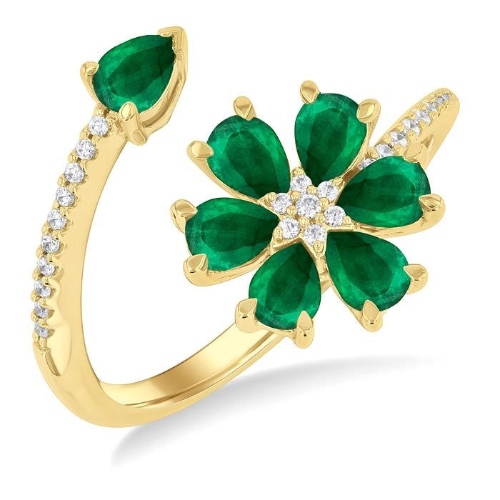 4X3 MM Pear Cut Floral Blossom Emerald and 1/10 Ctw Round Cut Diamond Open Precious Ring in 14K Yellow Gold
