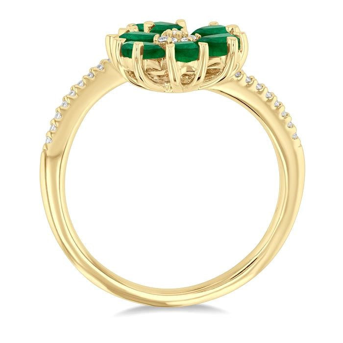 4X3 MM Pear Cut Floral Blossom Emerald and 1/10 Ctw Round Cut Diamond Open Precious Ring in 14K Yellow Gold