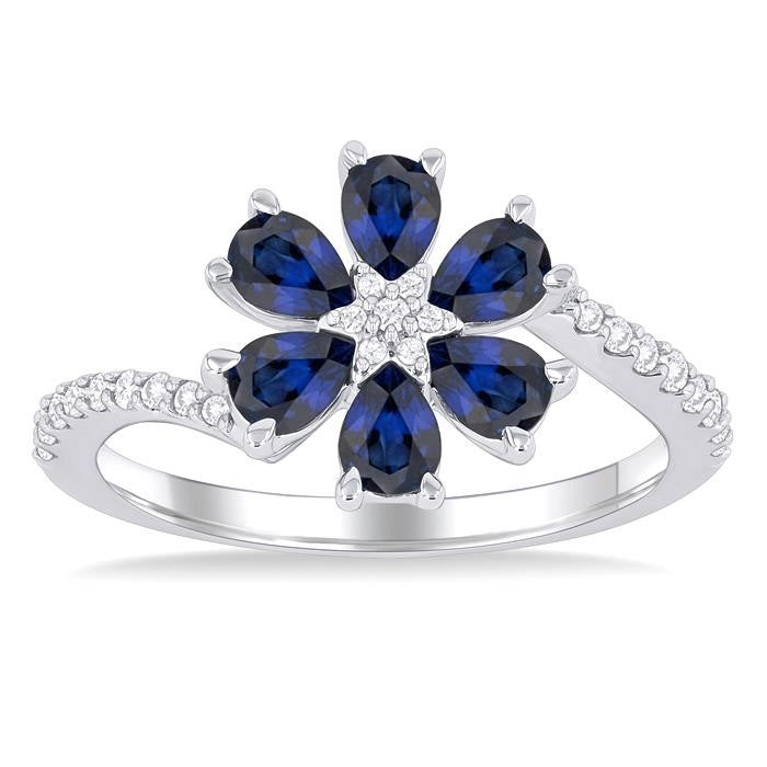 4X3 MM Pear Cut Floral Blossom Sapphire and 1/5 Ctw Round Cut Diamond Bypass Precious Ring in 14K White Gold