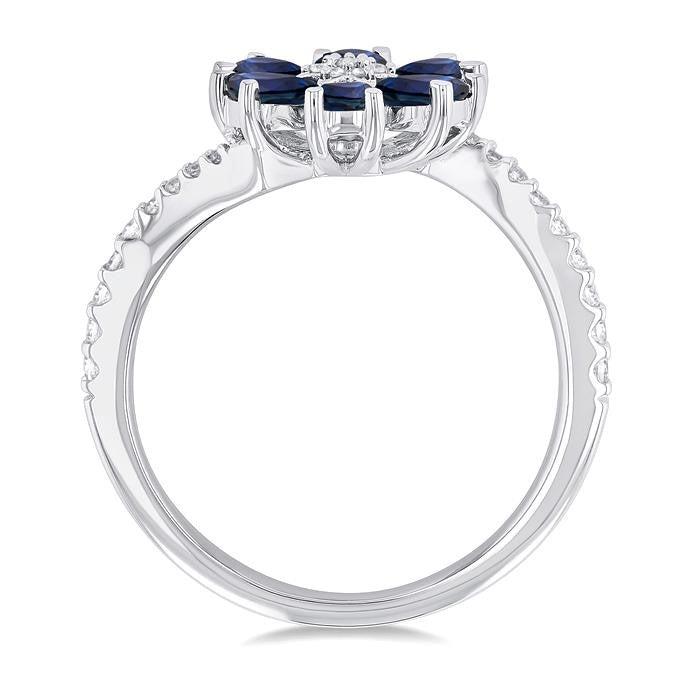 4X3 MM Pear Cut Floral Blossom Sapphire and 1/5 Ctw Round Cut Diamond Bypass Precious Ring in 14K White Gold