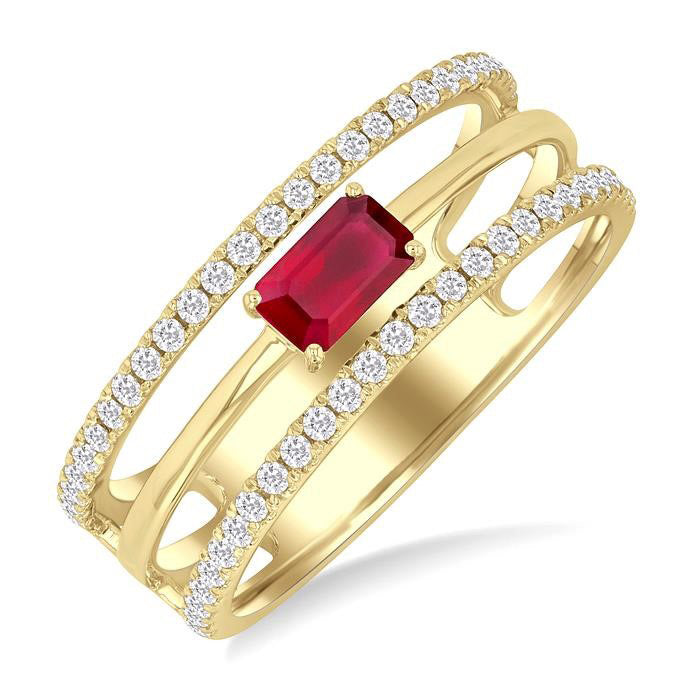 Emerald Shape East-West Gemstone & Diamond Layered Fashion Ring