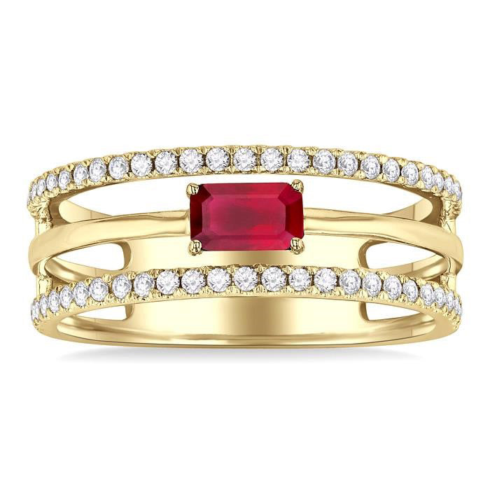 Emerald Shape East-West Gemstone & Diamond Layered Fashion Ring