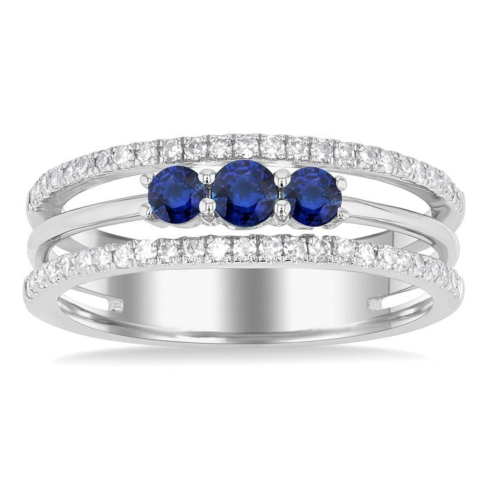 3.2 MM, 2.7 MM Round Cut Sapphire & 1/4 Ctw Round Cut Diamond Past, Present and Future Precious Layered Fashion Ring in 10K White Gold