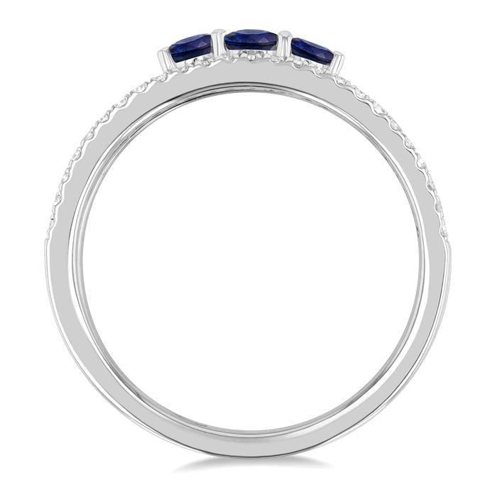 3.2 MM, 2.7 MM Round Cut Sapphire & 1/4 Ctw Round Cut Diamond Past, Present and Future Precious Layered Fashion Ring in 10K White Gold