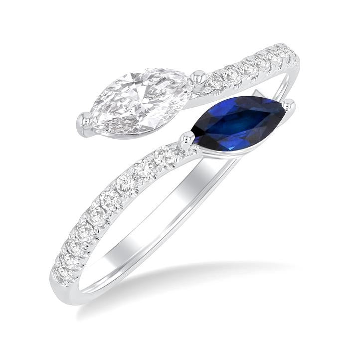 6x3 MM Marquise Sapphire and 1/2 Ctw Marquise Cut Diamond Toi Et Moi Precious Bypass Open Ring in 14K White Gold