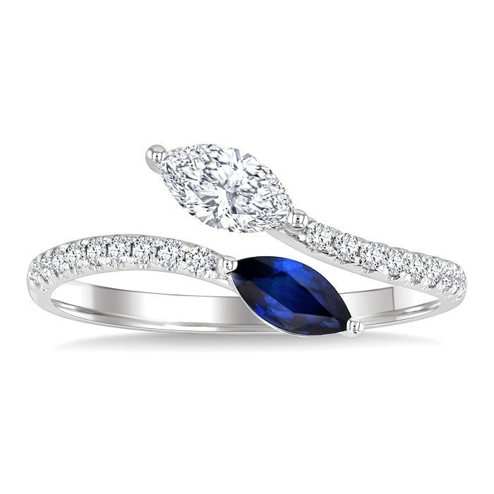 6x3 MM Marquise Sapphire and 1/2 Ctw Marquise Cut Diamond Toi Et Moi Precious Bypass Open Ring in 14K White Gold